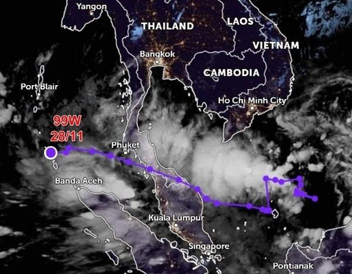 Low-pressure system 99W moving from the South China Sea to the Indian Ocean.