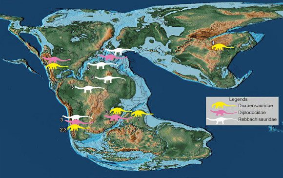 Distribution map of lizard-footed dinosaur species on the supercontinent Pangea