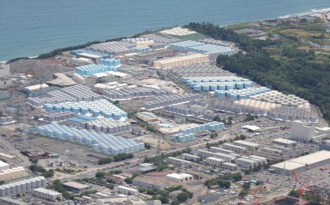 Nuclear wastewater storage tanks at Fukushima plant viewed from above on May 31.