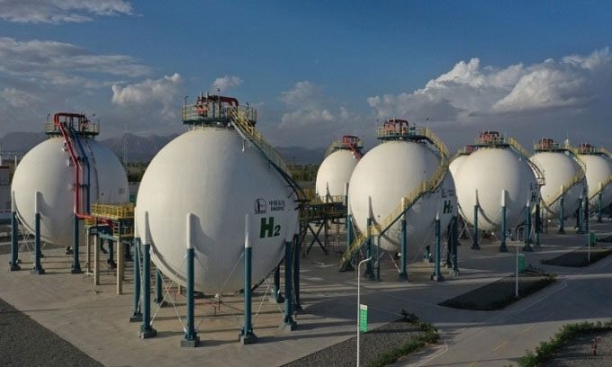 Hydrogen storage sphere at the plant in Kuerle.