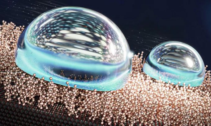  Illustration of a liquid-like molecular layer repelling water droplets. 