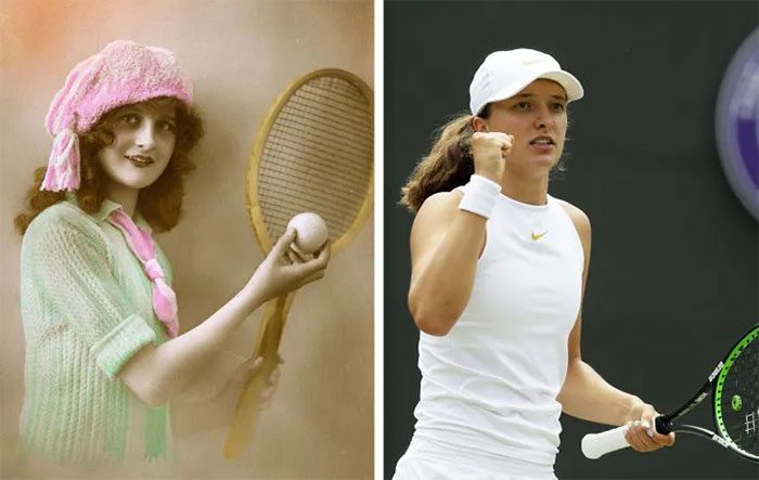 Female tennis player in 1920 and modern tennis player
