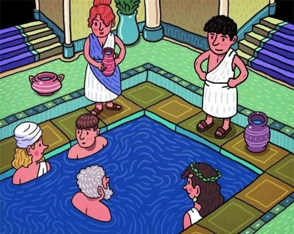 In ancient times, men and women bathed in public baths.