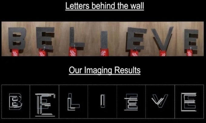 The word BELIEVE placed behind a wall (above) and the image captured using WiFi (below).