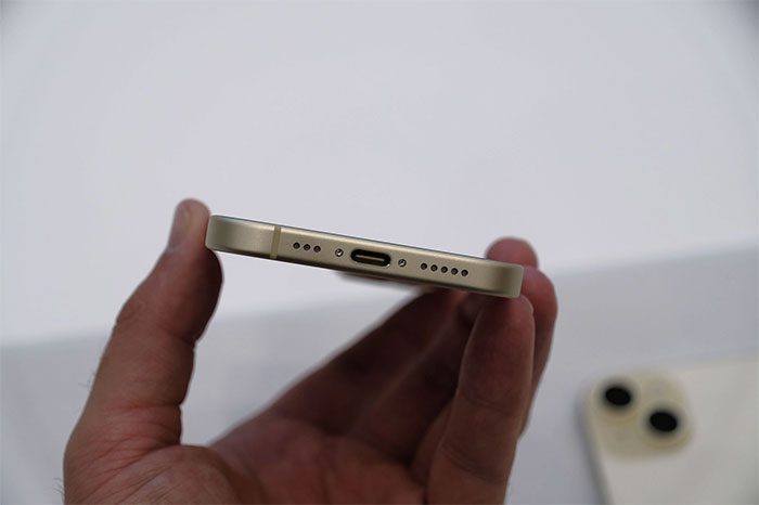 Close-up of the USB-C port on the iPhone 15.