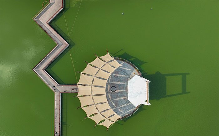 Rest area designed in the shape of a shell placed in the park.