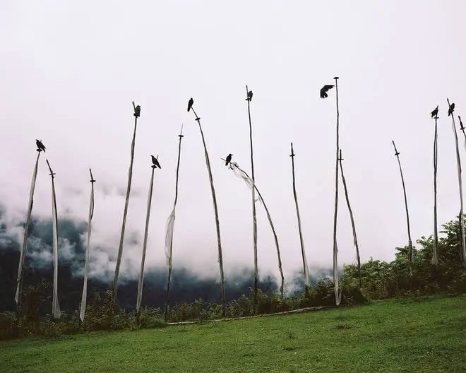 White flags are hung to symbolize the souls of the deceased in Gasa