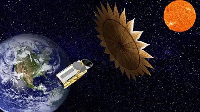 Illustration showing HWO in orbit around Earth with a starshade deployed.