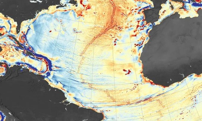Mid-Atlantic Ridge (dark orange) on a bathymetry map from the Earth Observatory