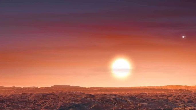 The view on planet LTT 1445 Ac with three "red suns"
