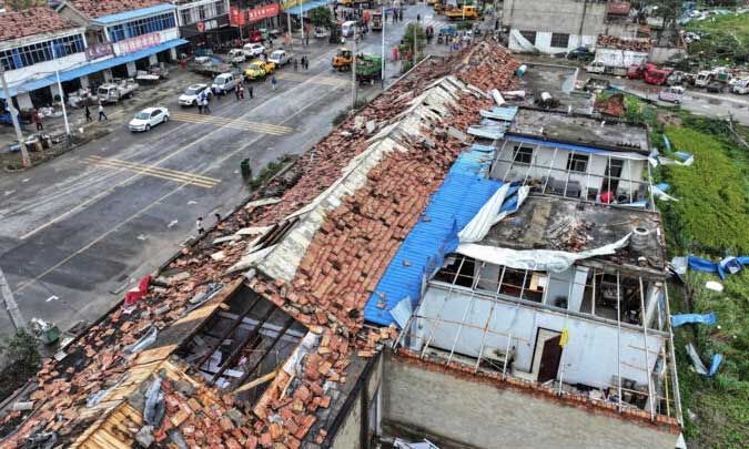 The devastated scene after the severe tornado swept through Jiangsu Province.