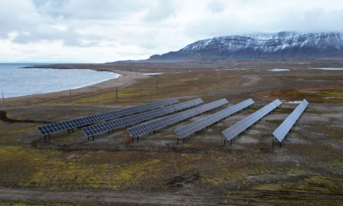 The solar panel system provides electricity to the old radio station.