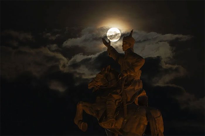 The Supermoon over Sukhbaatar Square in Ulaanbaatar, Mongolia