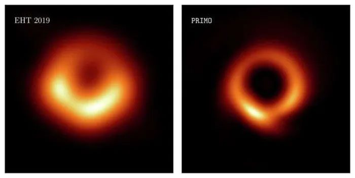 Image of the black hole published in 2019 (left) and the AI-enhanced image from 2023.