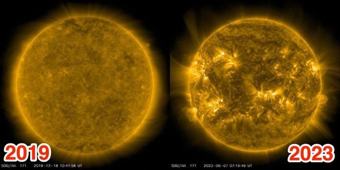 A simulated image showing the Sun four years ago compared to now.