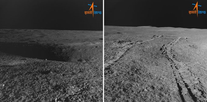 The crater encountered by Pragyan on August 27 (left) and the retreat path of the robot on the Moon.