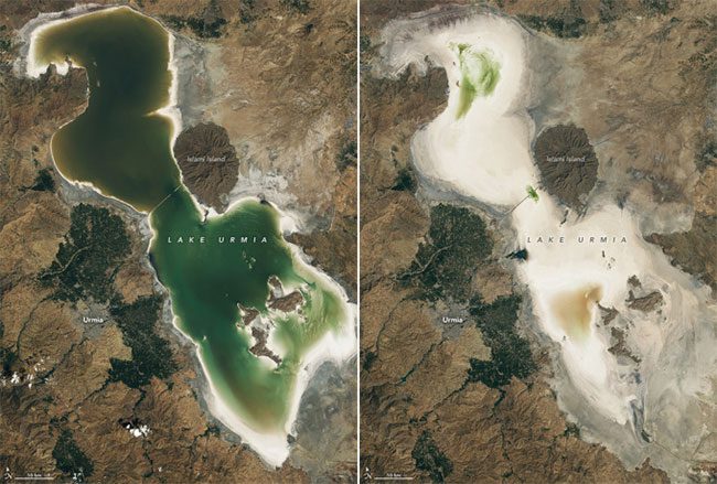 Lake Urmia in satellite images from September 2020 (left) and September 2023 (right).