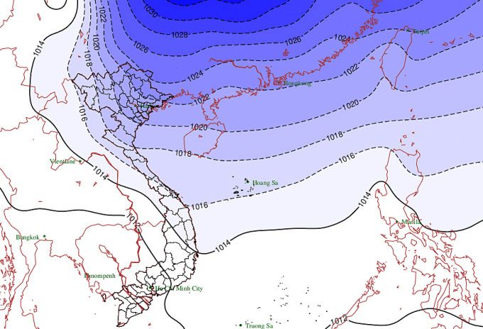 Cold air (purple area) forecast to spread to Central Vietnam.