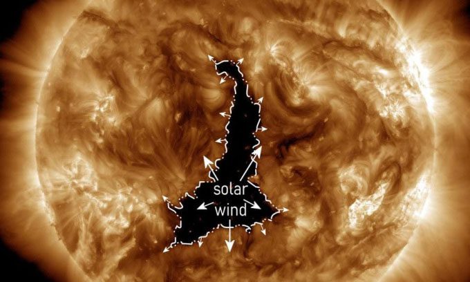 A massive dark coronal hole emitting solar wind.