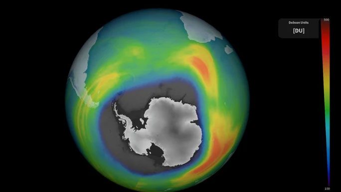 Map showing the vast hole above Antarctica and the Southern Ocean