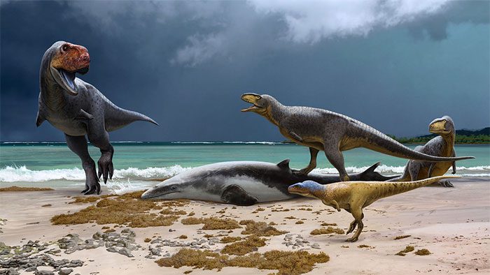 Two species of Tyrannosaurus at an ancient coastline