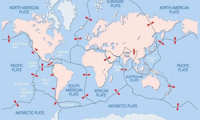 Major and minor tectonic plates on the Earth's surface.
