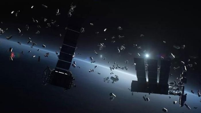 Spacecraft in orbit flying through a region filled with "obstacles"