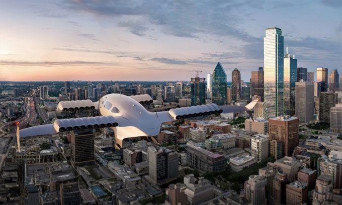 Simulation of the Pioneer Edition Jet flying over Dallas.