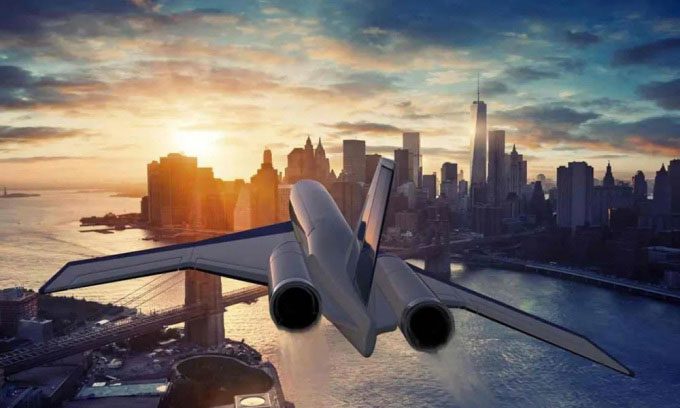 Simulation of Spike Aerospace's aircraft flying over the city.