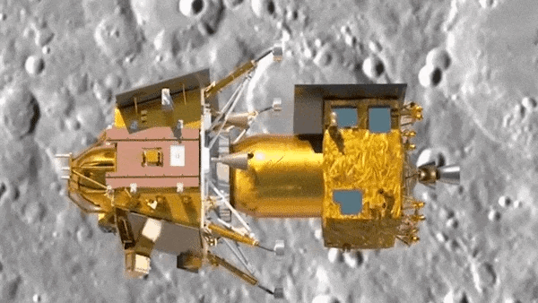 Nuclear technology propulsion module separating from Vikram lander above the Moon.
