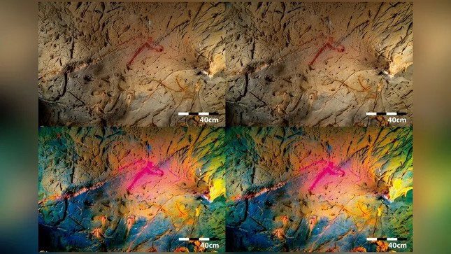 Animals revealed on the walls of a cave in Spain using "Magic Eye" technique.