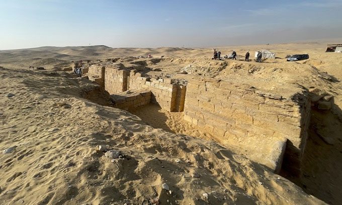The eastern side of the tomb rediscovered after nearly 160 years buried under desert sand.