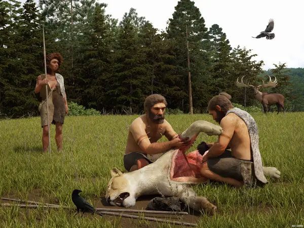 Neanderthals hunting cave lions.