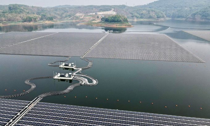 The new floating solar power plant built on a lake in West Java.