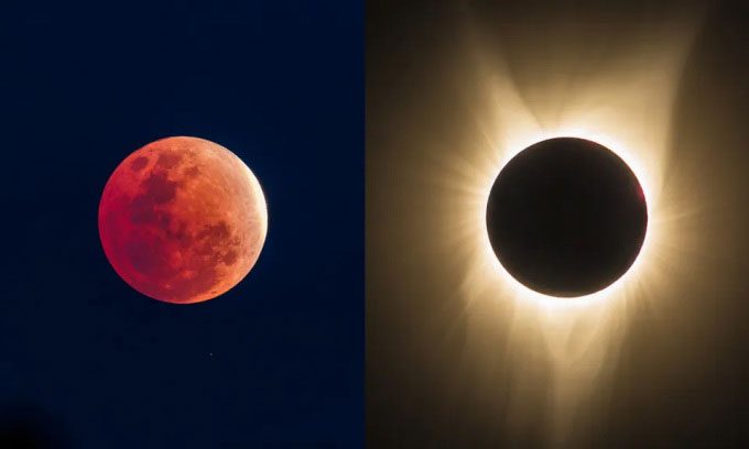 Partial lunar eclipse (left) and annular solar eclipse (right).
