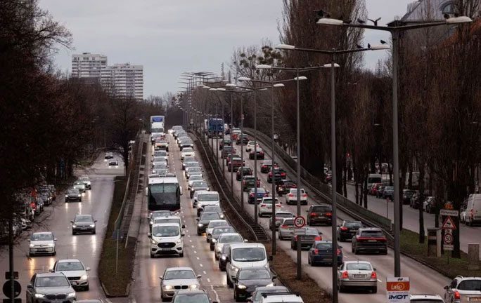 Heavy traffic on the streets of Munich, Germany.