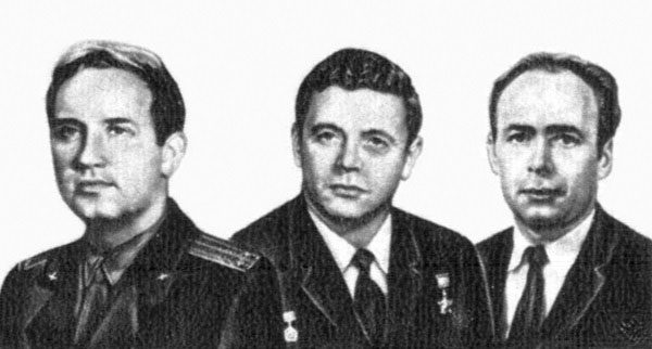 Astronauts Georgi Dobrovolski (left), Vladislav Volkov (middle), and Viktor Patsayev (right).