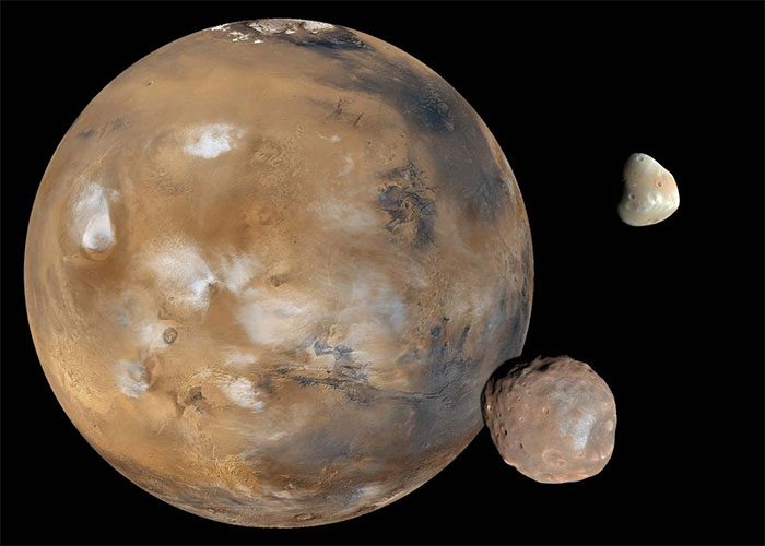 Image of Mars and its two moons Deimos (top) and Phobos (bottom).