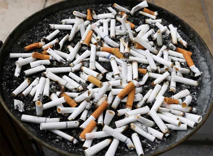 A cigarette butt in an ashtray in Ankara, Turkey on May 13, 2023.