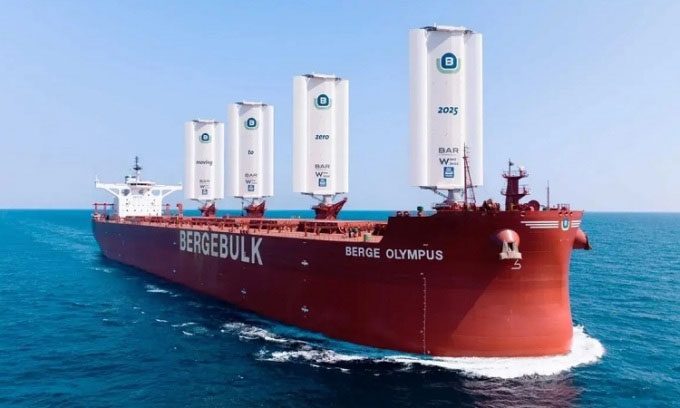 The Berge Olympus dry bulk carrier equipped with 4 wind sails measuring 20m wide and 37.5m high.