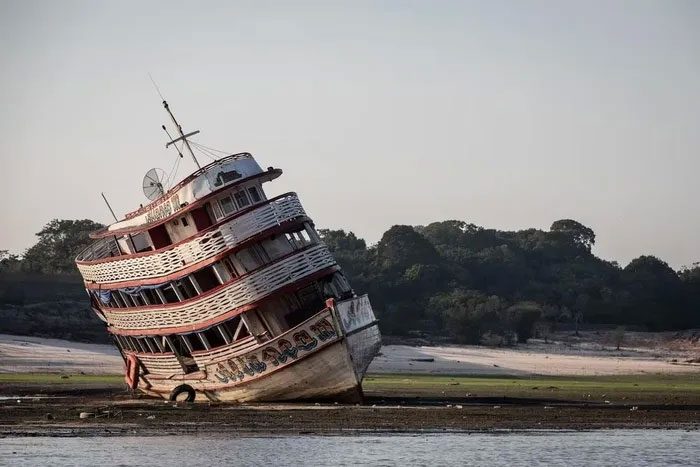 A ship stranded due to the dry riverbed
