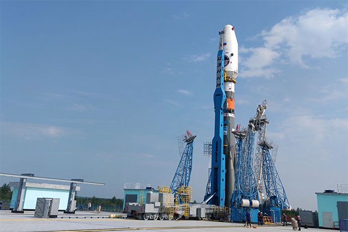 Soyuz 2.1b rocket carrying the Luna-25 lunar probe on the launch pad
