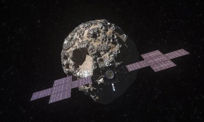 Simulation of the spacecraft approaching asteroid Psyche.