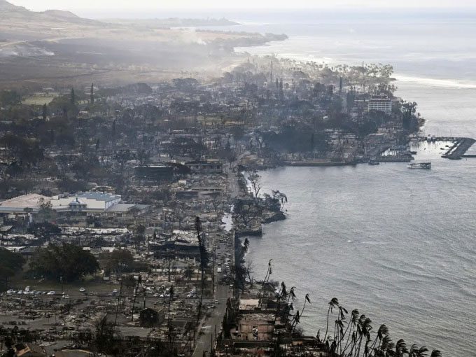 Homes, structures, and the harbor in Lahaina burned on August 10.