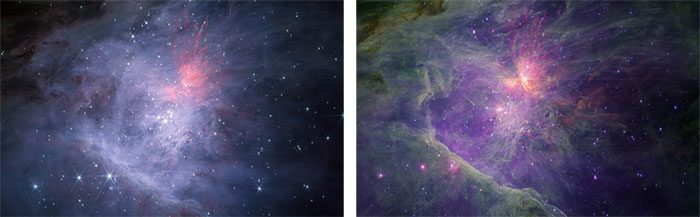 The Orion Nebula captured at short (left) and long (right) wavelengths.