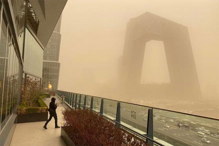 Buildings in central Beijing engulfed in a sandstorm on March 15, 2023