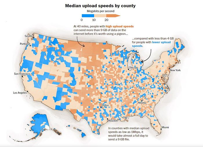Map showing average upload speeds by county in the U.S.