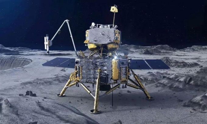 Simulation of the Chang'e 5 lander operating on the Moon.