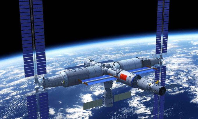 Simulation of the Tiangong space station in orbit around Earth.