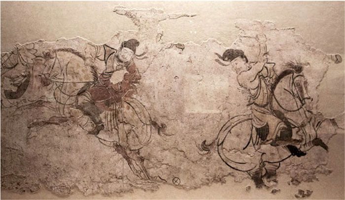 A mural depicting horseback ball games found in an ancient tomb